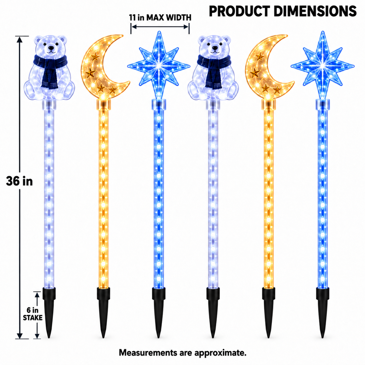 6-Piece Polar Bear, Moon & Star LED Garden Stakes