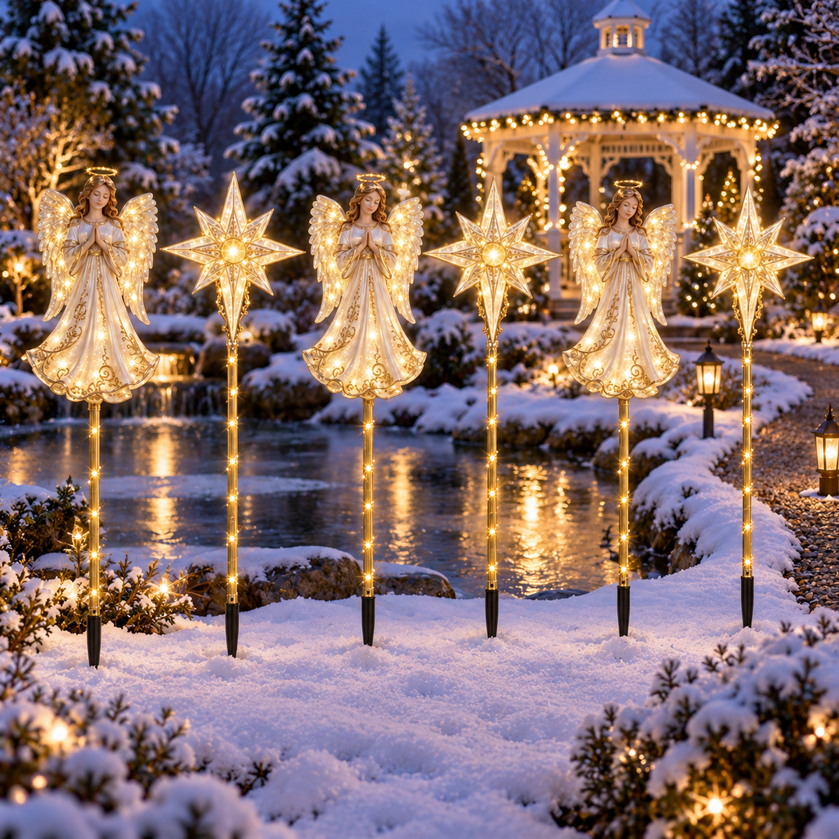 Angel & Celestial Star Lighted Christmas Garden Stakes — 6-Piece Set
