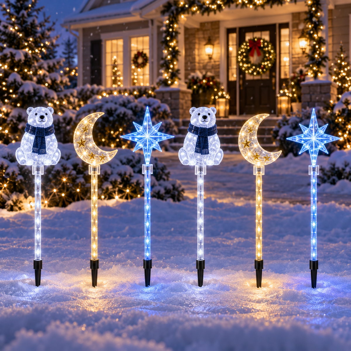 6-Piece Polar Bear, Moon & Star LED Garden Stakes