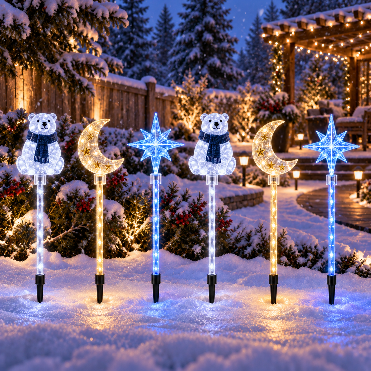 6-Piece Polar Bear, Moon & Star LED Garden Stakes