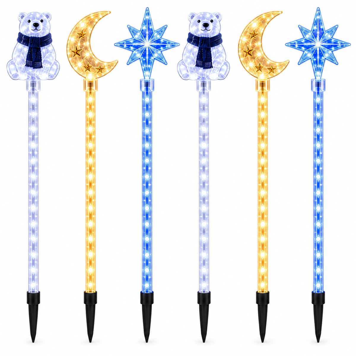 6-Piece Polar Bear, Moon & Star LED Garden Stakes