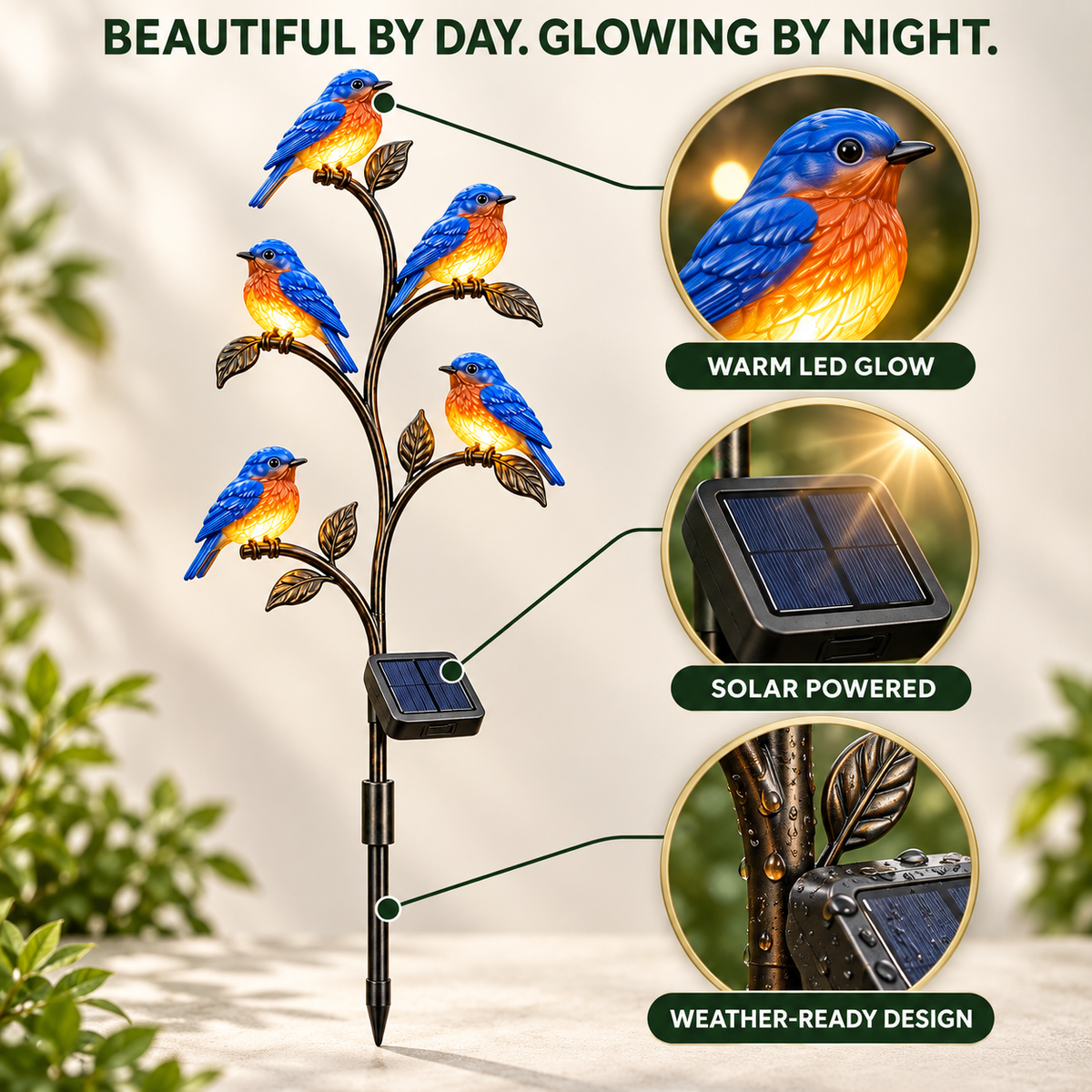 5-Bird Solar Bluebird Garden Stake Light