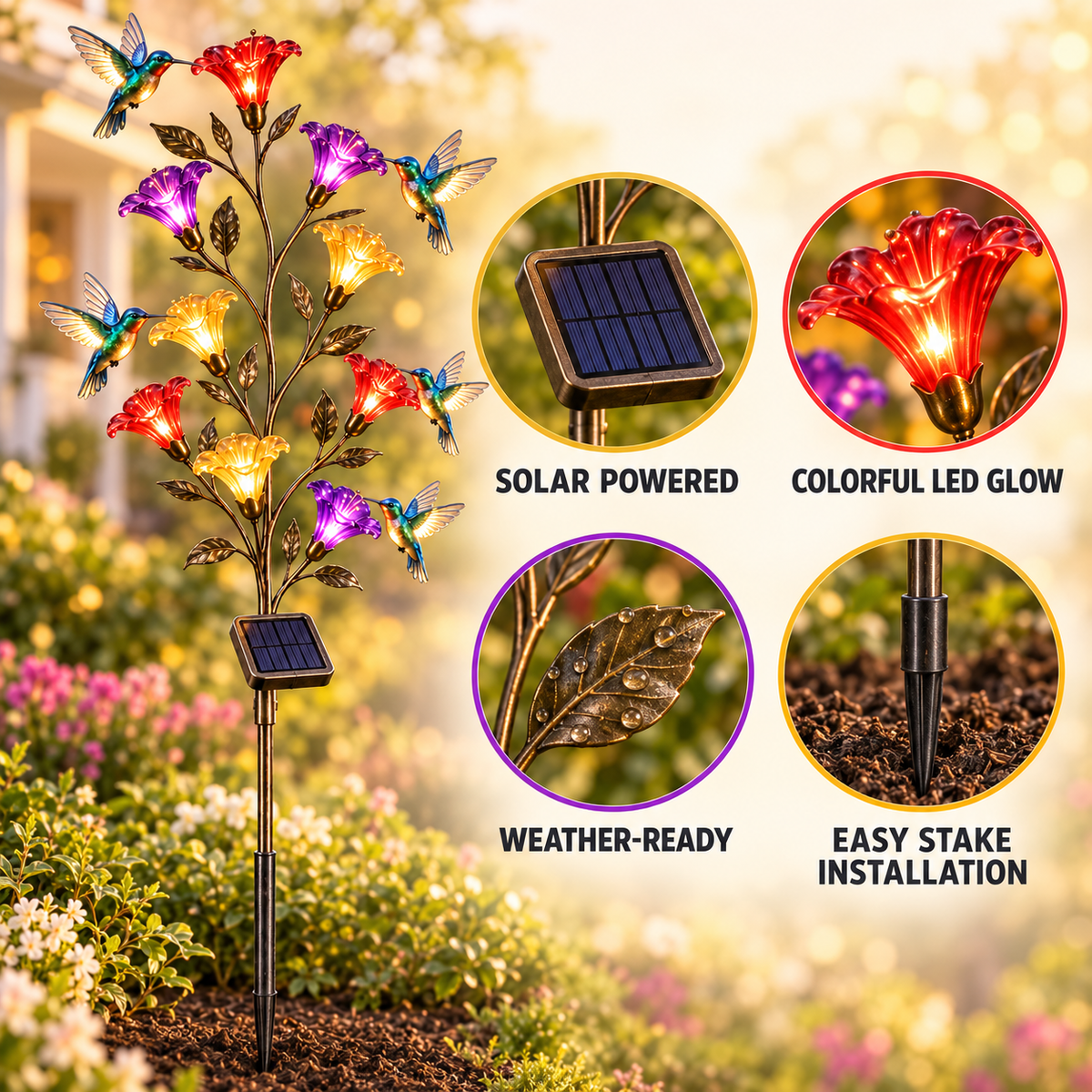 Solar Hummingbird & Trumpet Flower Garden Light