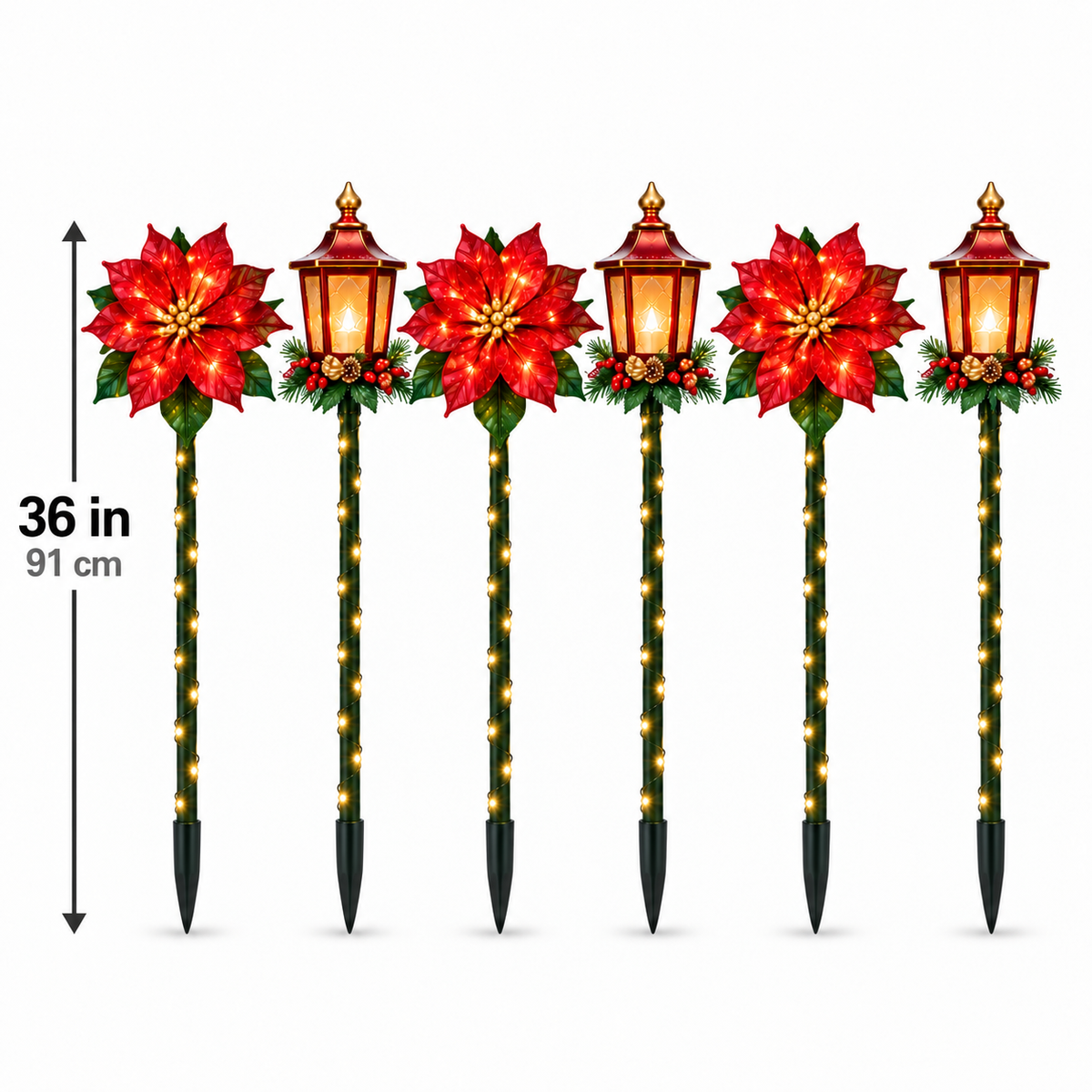 Poinsettia & Holiday Lantern Lighted Garden Stakes — 6-Piece Set