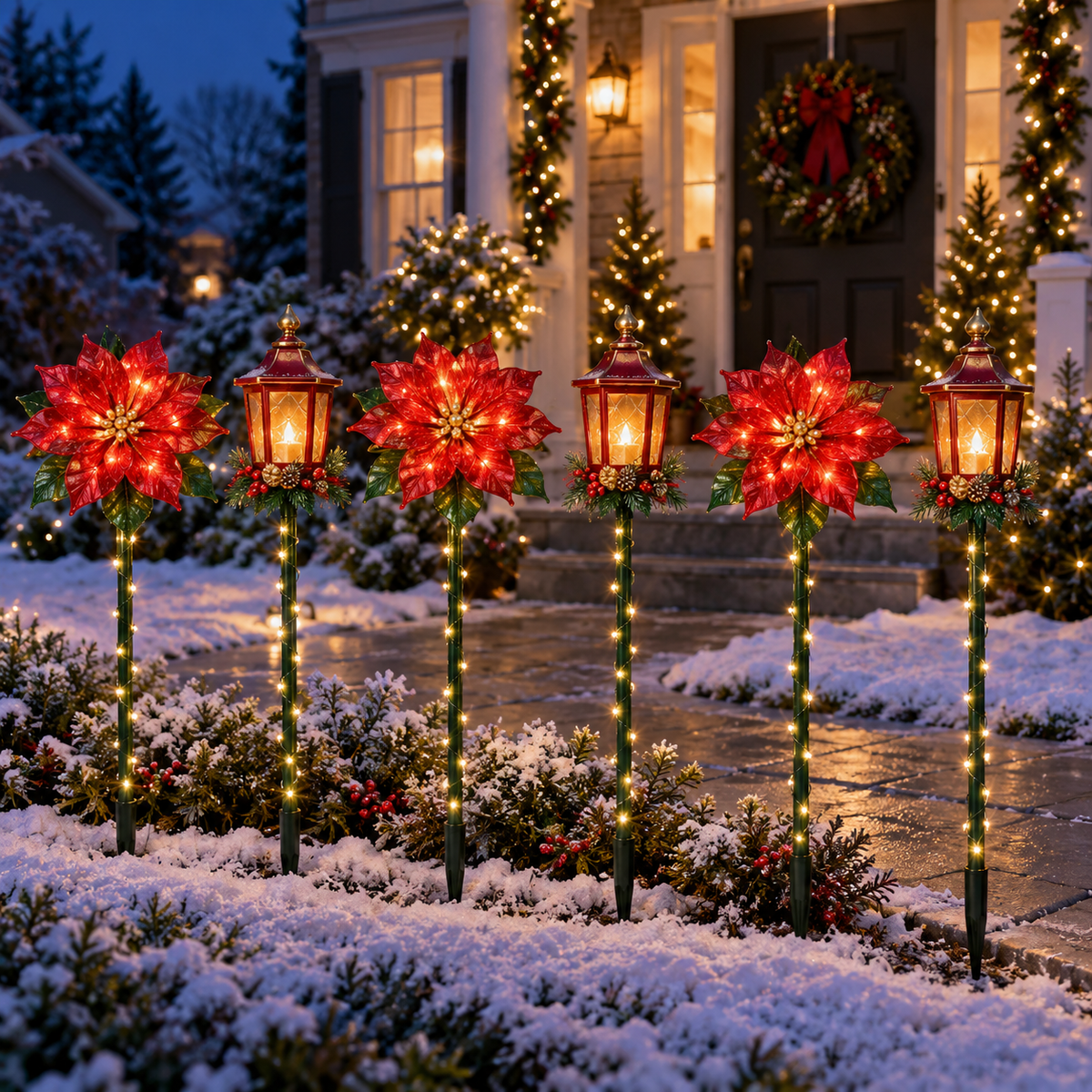 Poinsettia & Holiday Lantern Lighted Garden Stakes — 6-Piece Set