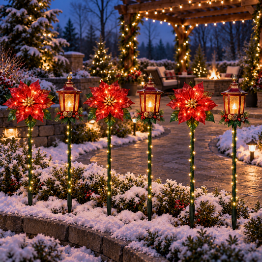 Poinsettia & Holiday Lantern Lighted Garden Stakes — 6-Piece Set