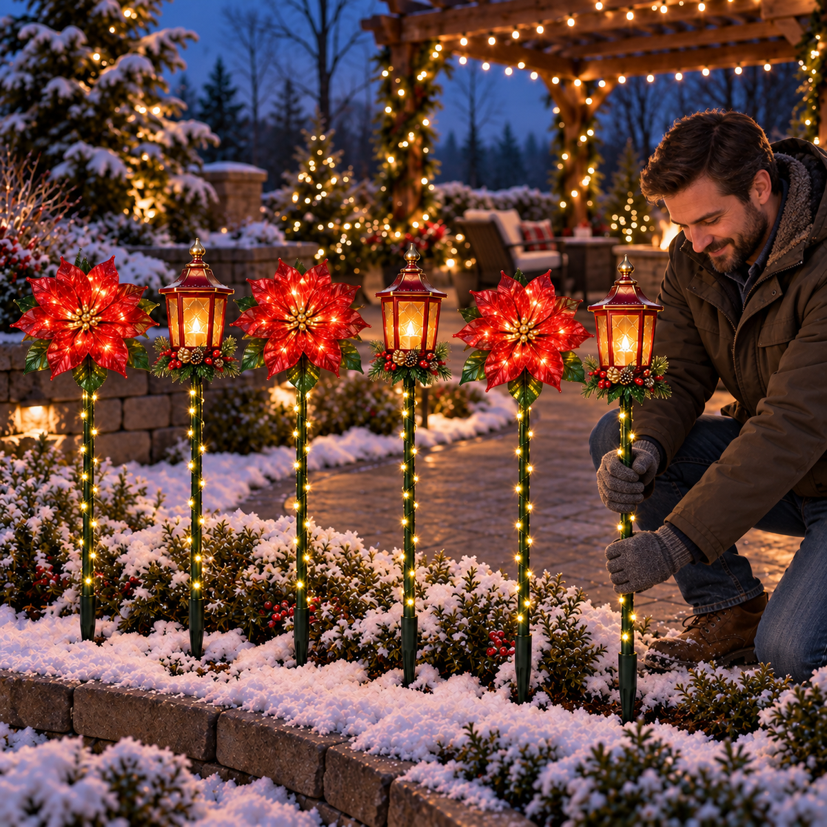Poinsettia & Holiday Lantern Lighted Garden Stakes — 6-Piece Set