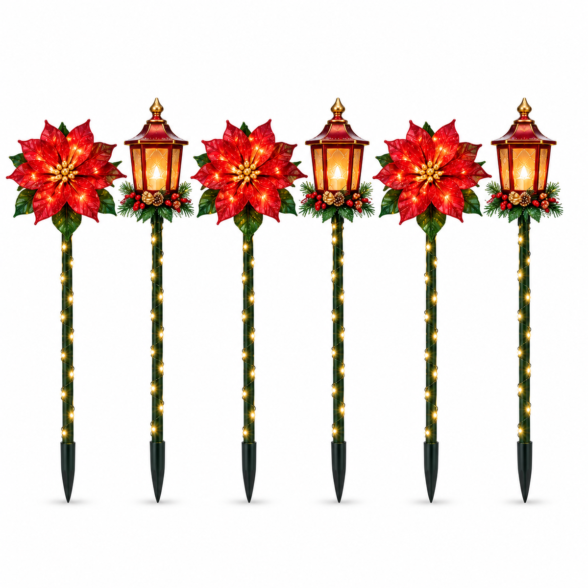 Poinsettia & Holiday Lantern Lighted Garden Stakes — 6-Piece Set