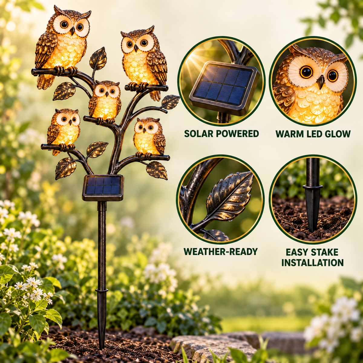 Solar Owl Family Garden Stake Light – 5-Owl Outdoor LED Décor