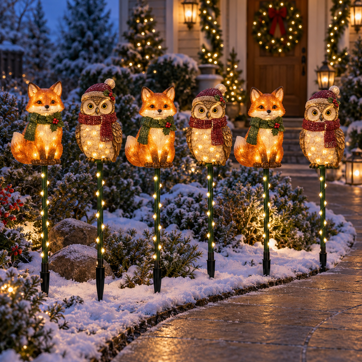 Woodland Fox & Owl Lighted Holiday Garden Stakes — 6-Piece Set