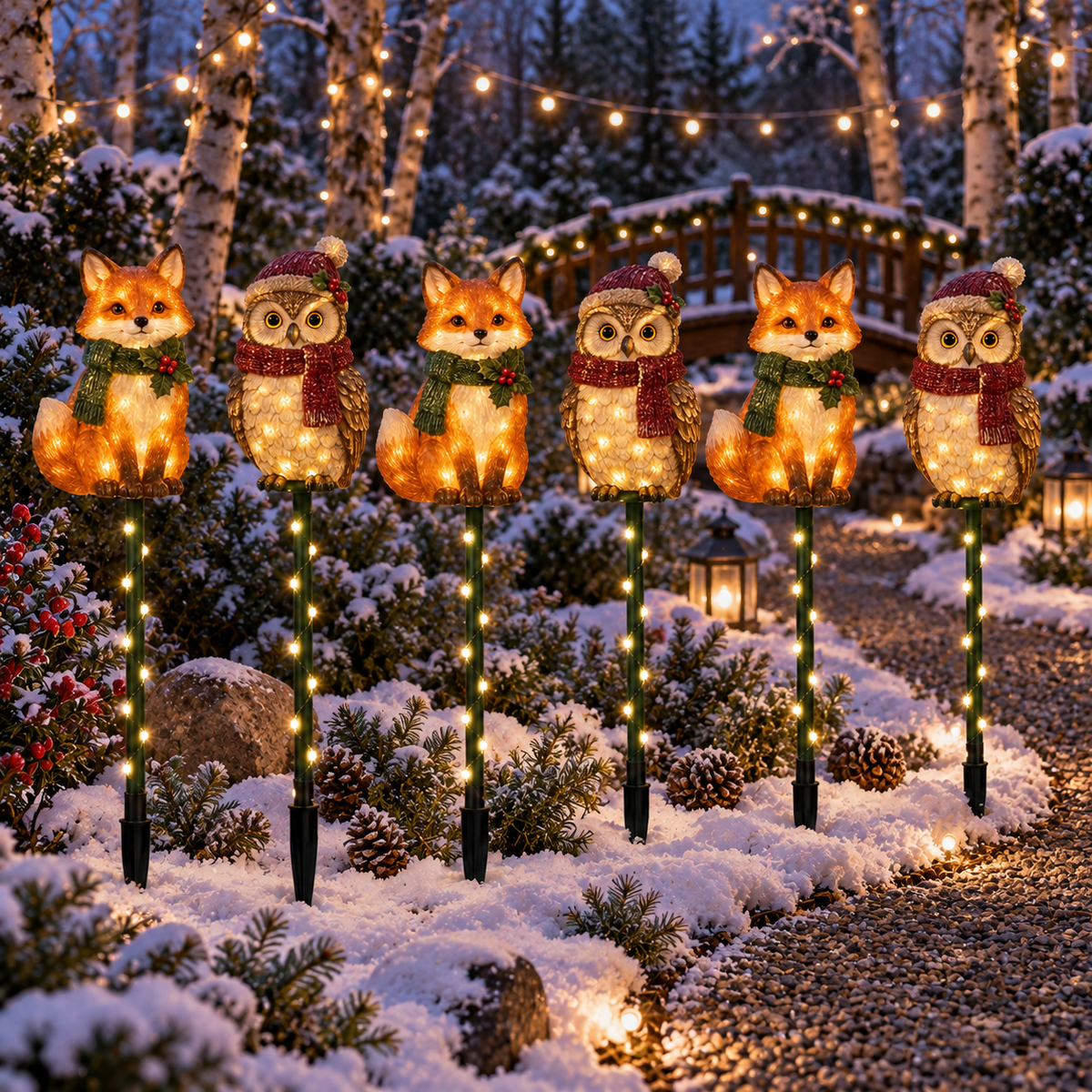 Woodland Fox & Owl Lighted Holiday Garden Stakes — 6-Piece Set