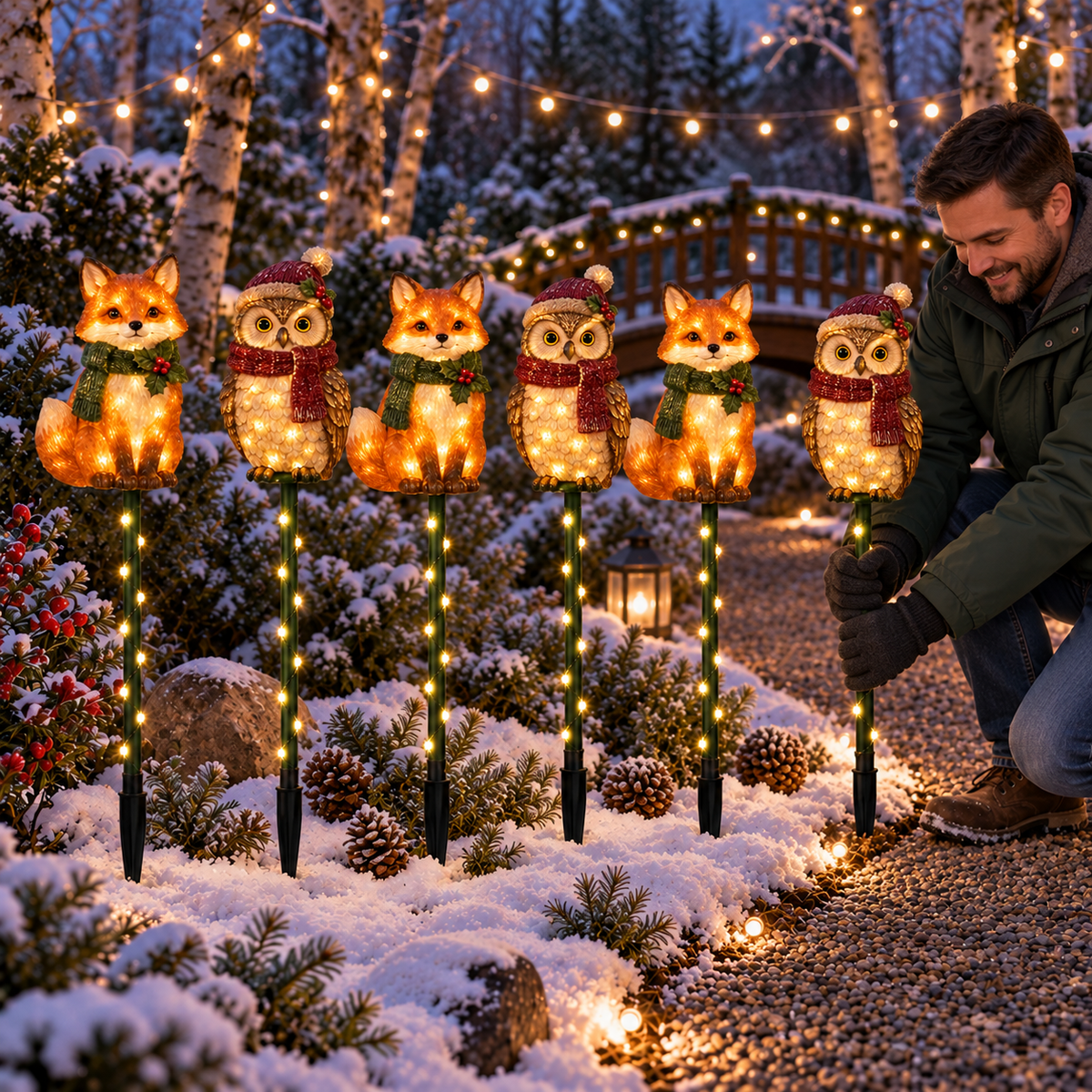 Woodland Fox & Owl Lighted Holiday Garden Stakes — 6-Piece Set