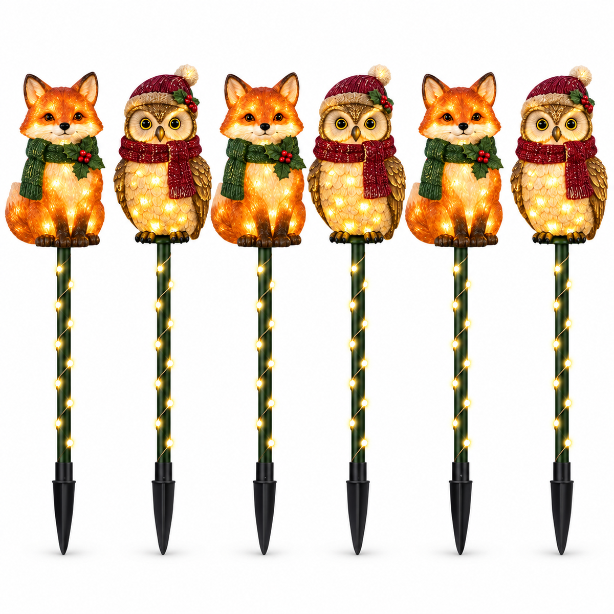 Woodland Fox & Owl Lighted Holiday Garden Stakes — 6-Piece Set