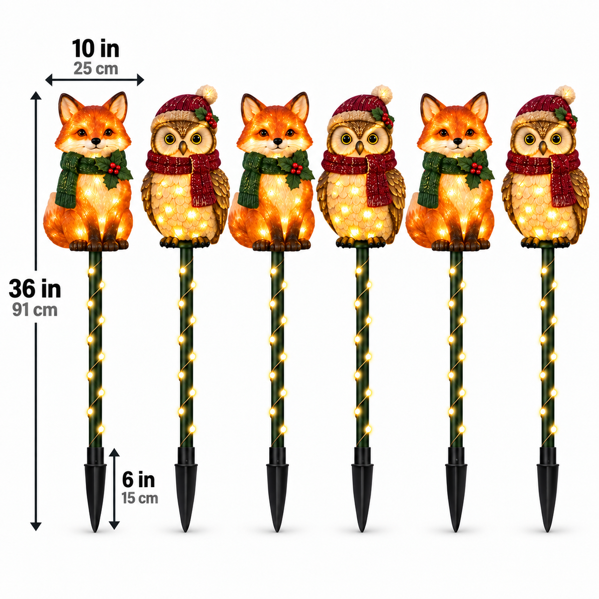 Woodland Fox & Owl Lighted Holiday Garden Stakes — 6-Piece Set