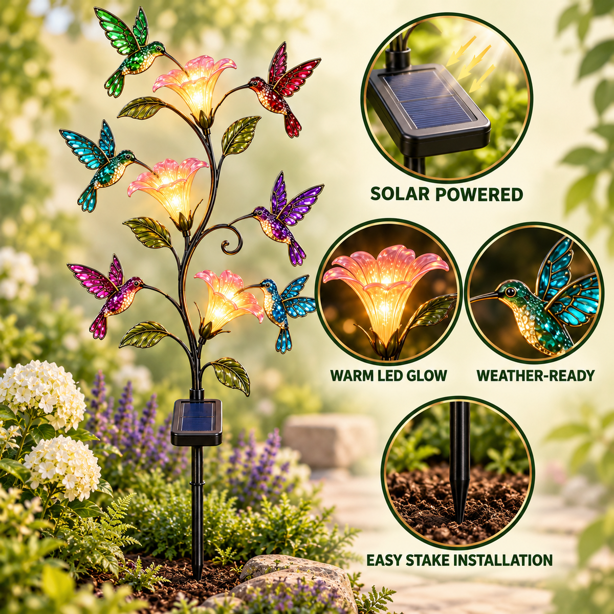 Solar Hummingbird & Flower Garden Stake Light